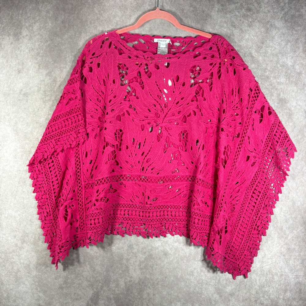 Chico's Crochet Poncho Womens S/M Pink Bromeliad Lace Cotton Boho Festival NEW